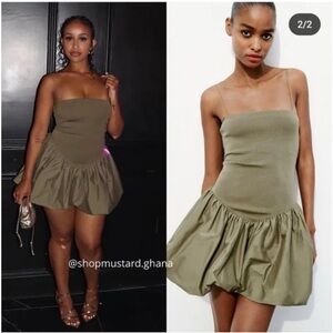 Zara Voluminous Poplin Balloon Dress Olive Green size XS